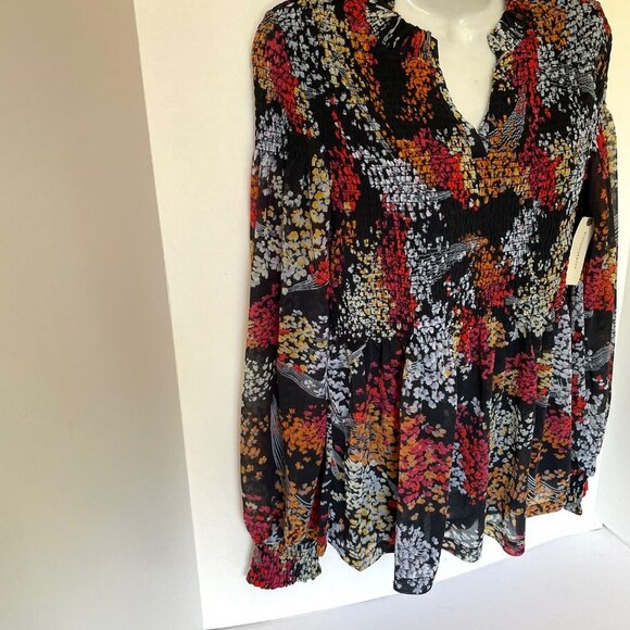 Anthropologie Floral Blouse Womens XS V-Neck Smocked Long Sleeve Relaxed Tunic - Picture 7 of 15